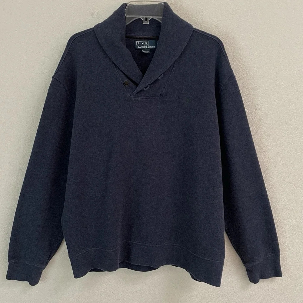 Y2K Polo Ralph Lauren Men's XL Navy Shawl Collar Sweater Elbow Patch 100% Cotton
